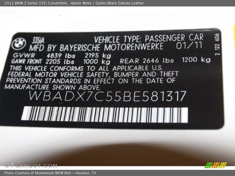 Alpine White / Oyster/Black Dakota Leather 2011 BMW 3 Series 335i Convertible