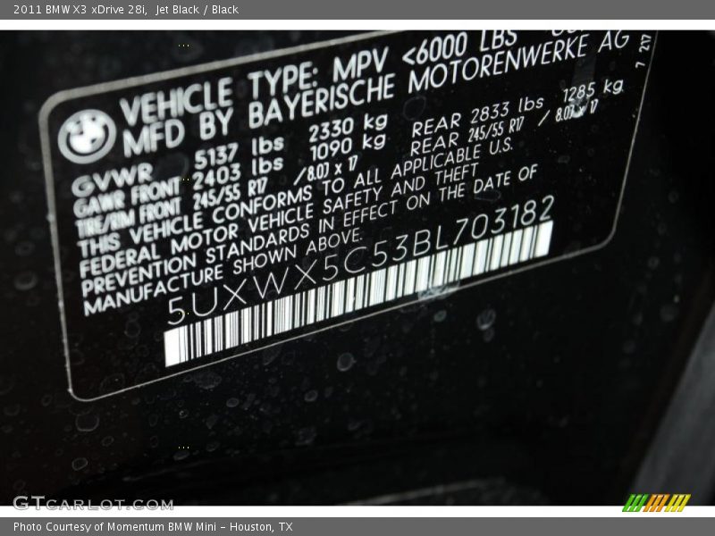 Jet Black / Black 2011 BMW X3 xDrive 28i