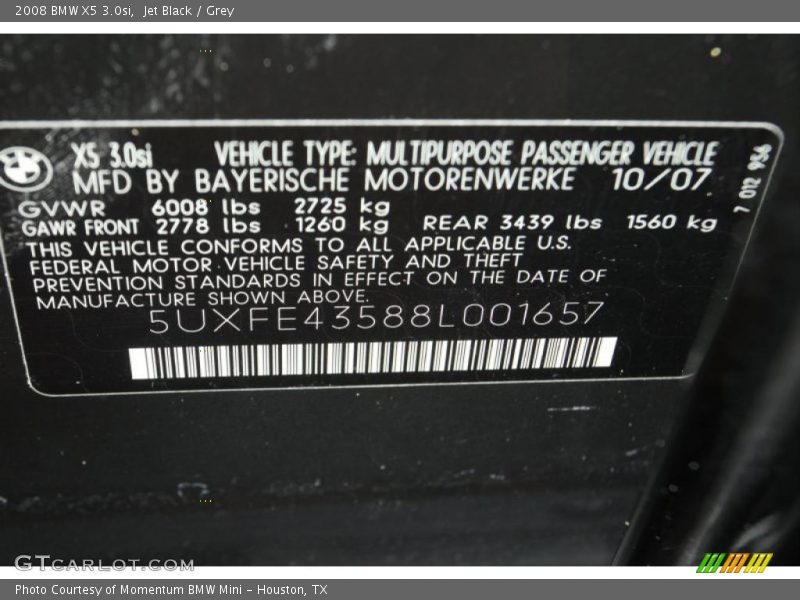 Jet Black / Grey 2008 BMW X5 3.0si
