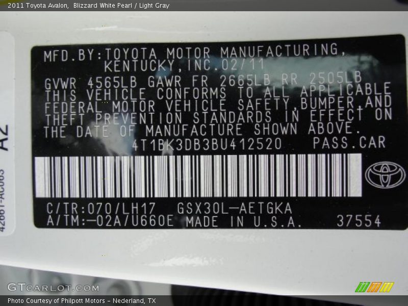 Blizzard White Pearl / Light Gray 2011 Toyota Avalon