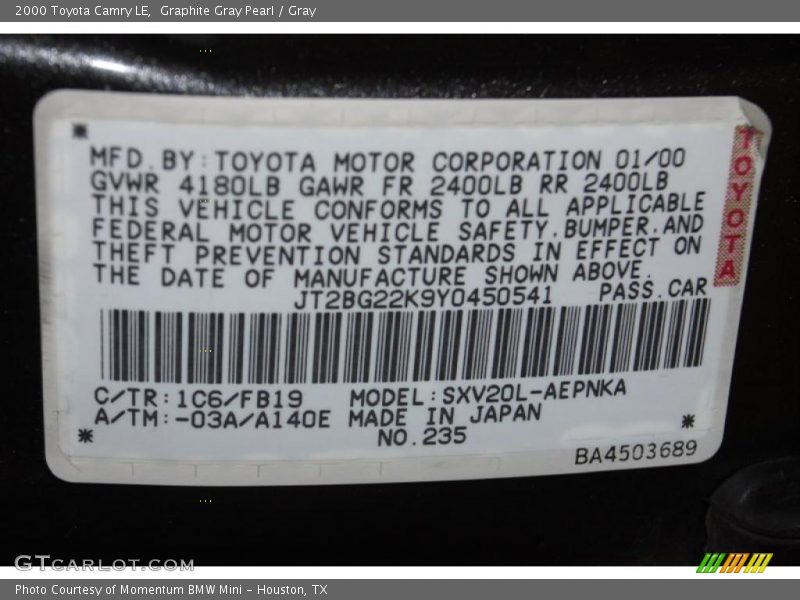 Graphite Gray Pearl / Gray 2000 Toyota Camry LE