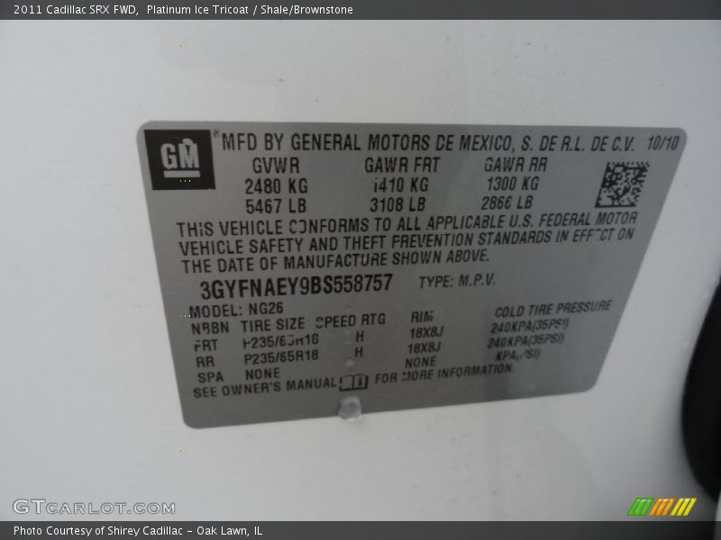 Info Tag of 2011 SRX FWD