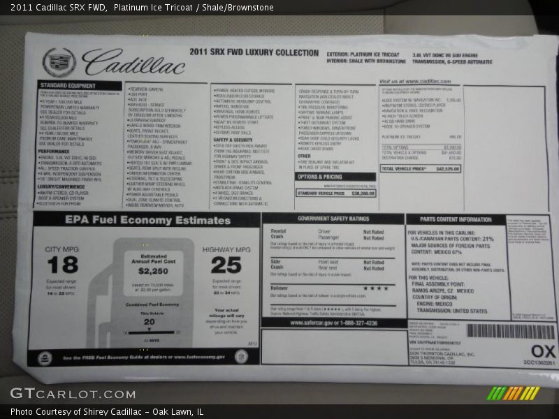  2011 SRX FWD Window Sticker