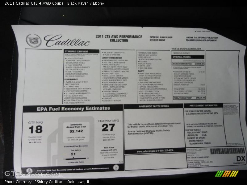  2011 CTS 4 AWD Coupe Window Sticker