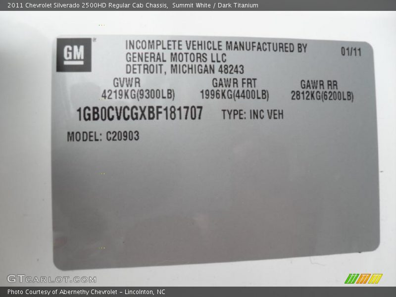 Info Tag of 2011 Silverado 2500HD Regular Cab Chassis