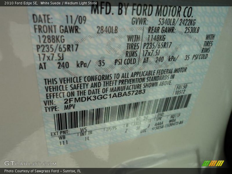 White Suede / Medium Light Stone 2010 Ford Edge SE