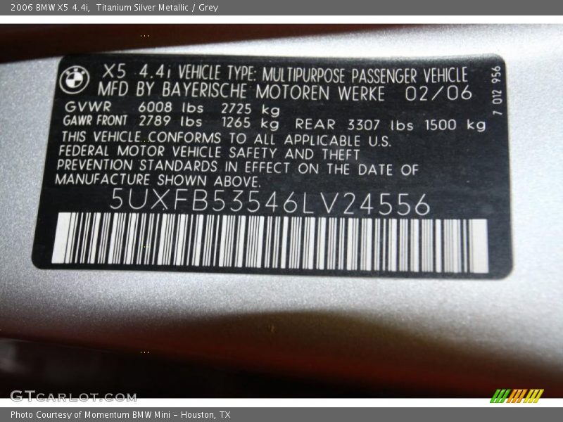 Titanium Silver Metallic / Grey 2006 BMW X5 4.4i