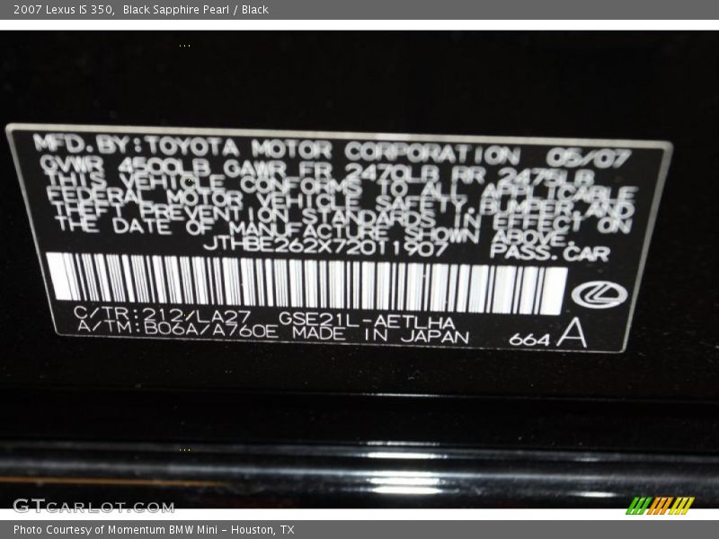 Black Sapphire Pearl / Black 2007 Lexus IS 350