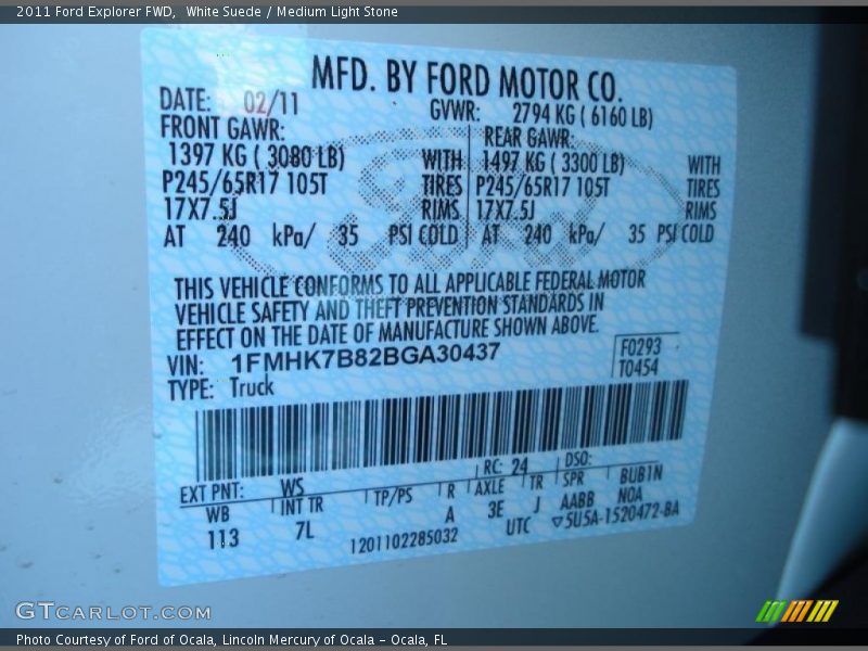 2011 Explorer FWD White Suede Color Code WS