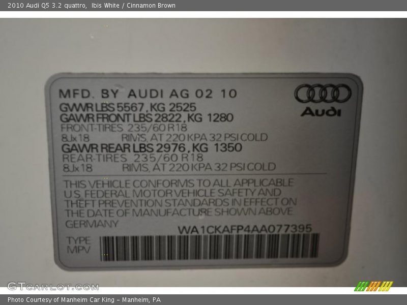 Ibis White / Cinnamon Brown 2010 Audi Q5 3.2 quattro