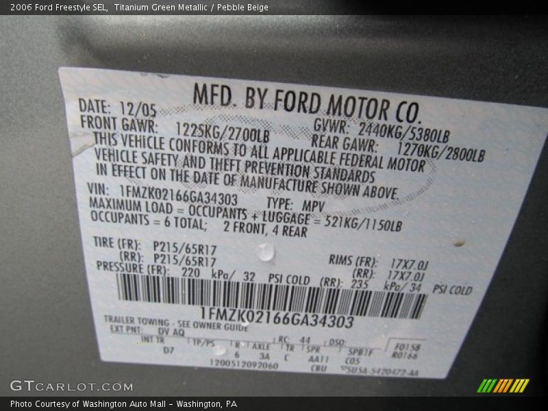 2006 Freestyle SEL Titanium Green Metallic Color Code DV