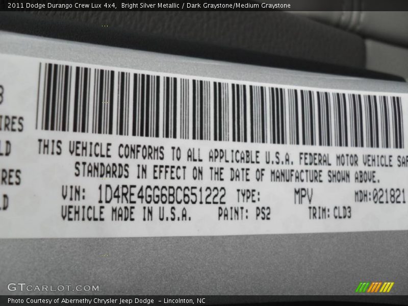 Bright Silver Metallic / Dark Graystone/Medium Graystone 2011 Dodge Durango Crew Lux 4x4