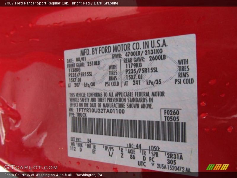 2002 Ranger Sport Regular Cab Bright Red Color Code E4