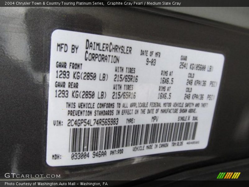 2004 Town & Country Touring Platinum Series Graphite Gray Pearl Color Code PDR