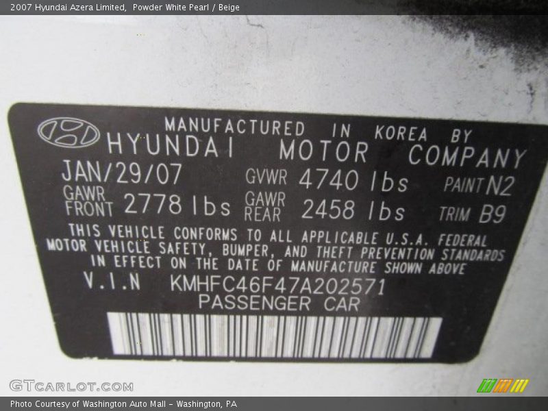 Powder White Pearl / Beige 2007 Hyundai Azera Limited