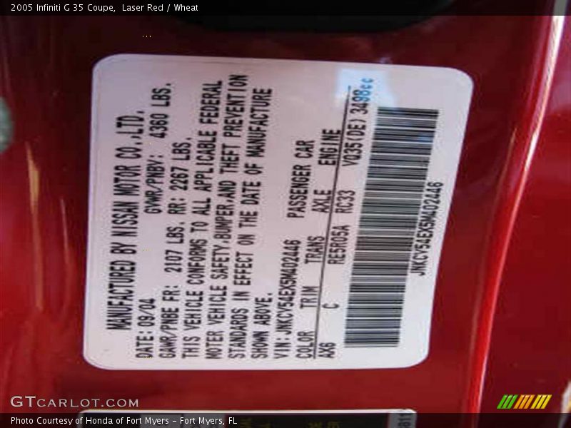 2005 G 35 Coupe Laser Red Color Code AX6