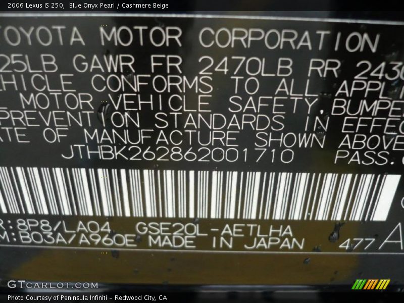 Blue Onyx Pearl / Cashmere Beige 2006 Lexus IS 250