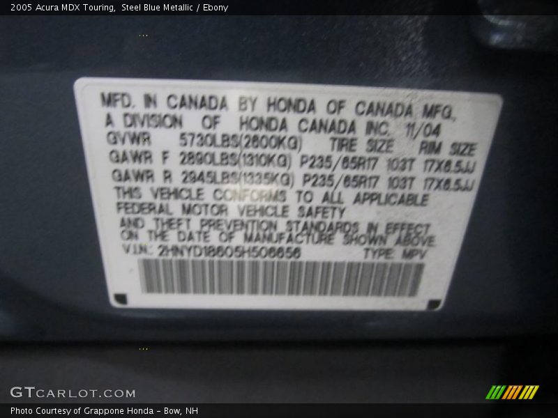 Steel Blue Metallic / Ebony 2005 Acura MDX Touring