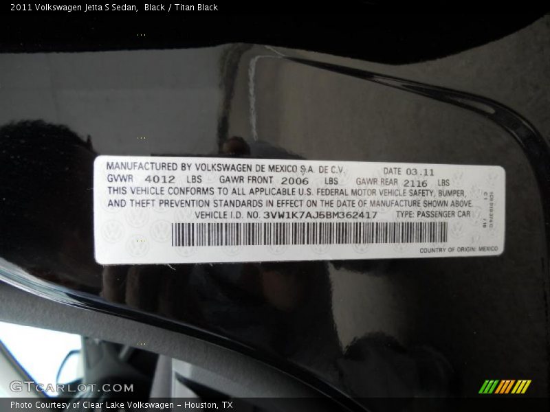 Info Tag of 2011 Jetta S Sedan
