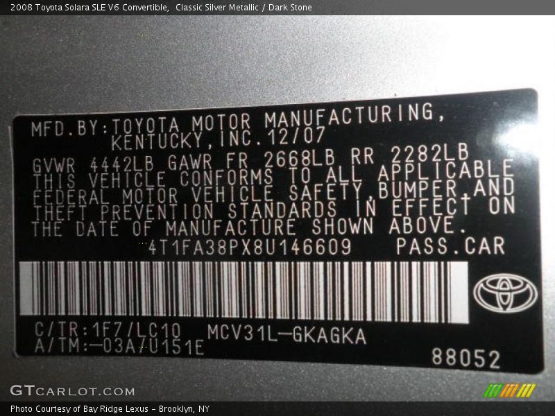 Classic Silver Metallic / Dark Stone 2008 Toyota Solara SLE V6 Convertible