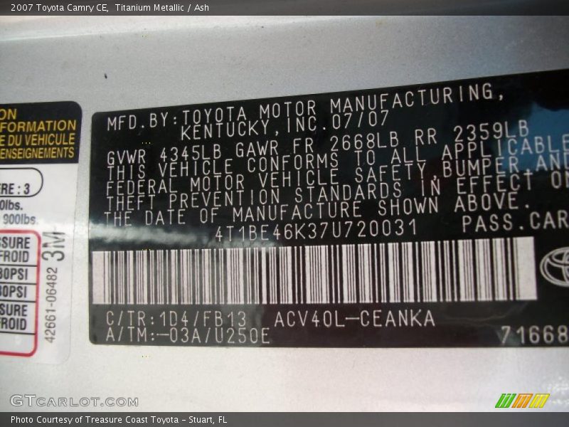 Titanium Metallic / Ash 2007 Toyota Camry CE