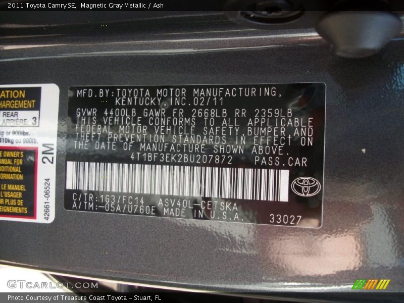 Magnetic Gray Metallic / Ash 2011 Toyota Camry SE