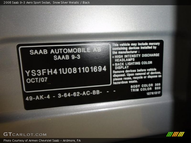 2008 9-3 Aero Sport Sedan Snow Silver Metallic Color Code 309