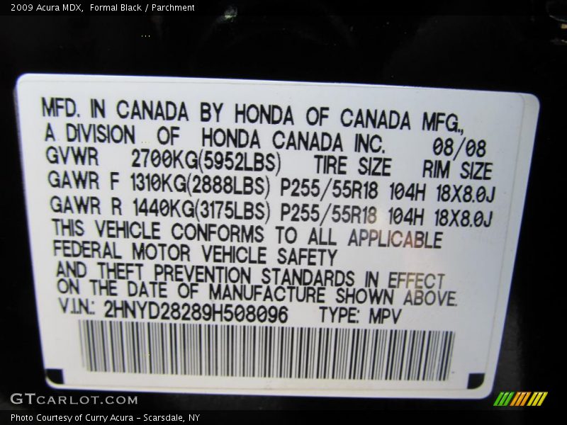 Info Tag of 2009 MDX 