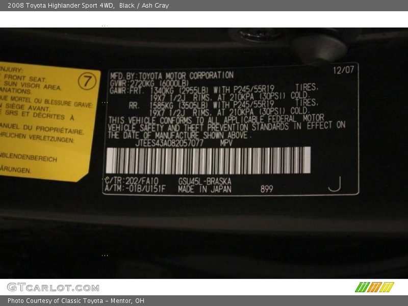 Black / Ash Gray 2008 Toyota Highlander Sport 4WD