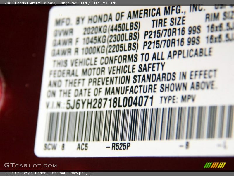 Tango Red Pearl / Titanium/Black 2008 Honda Element EX AWD