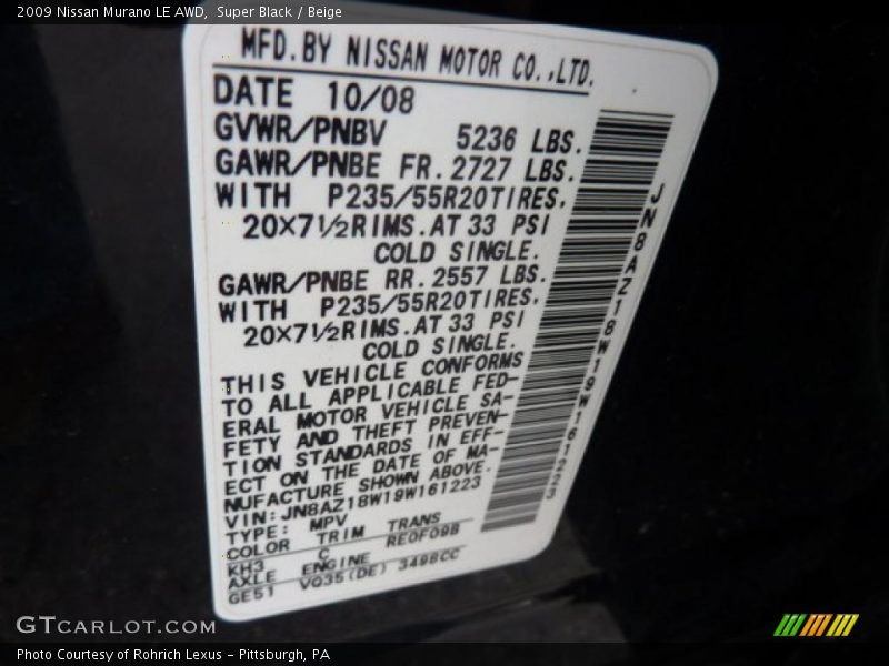 Super Black / Beige 2009 Nissan Murano LE AWD