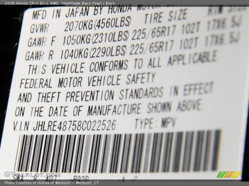 Nighthawk Black Pearl / Black 2008 Honda CR-V EX-L 4WD