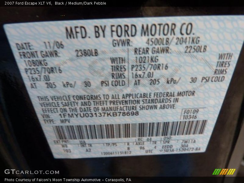 Black / Medium/Dark Pebble 2007 Ford Escape XLT V6