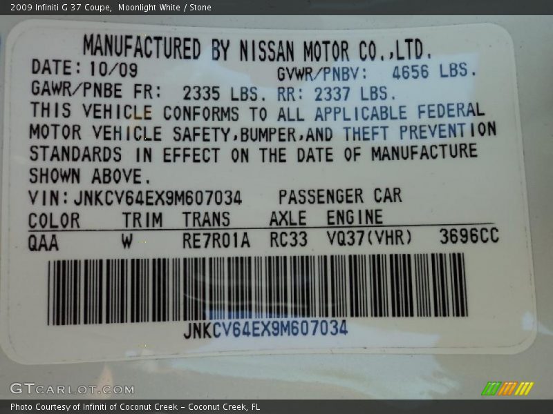 2009 G 37 Coupe Moonlight White Color Code QAA