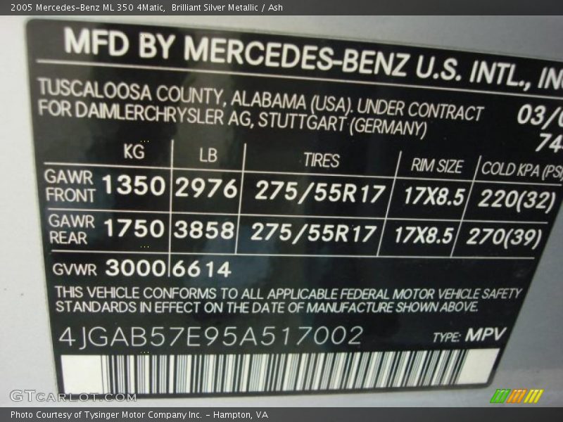 Brilliant Silver Metallic / Ash 2005 Mercedes-Benz ML 350 4Matic