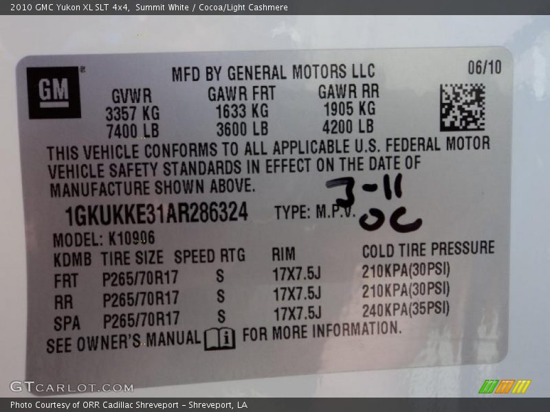 Summit White / Cocoa/Light Cashmere 2010 GMC Yukon XL SLT 4x4