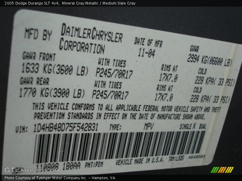 Mineral Gray Metallic / Medium Slate Gray 2005 Dodge Durango SLT 4x4