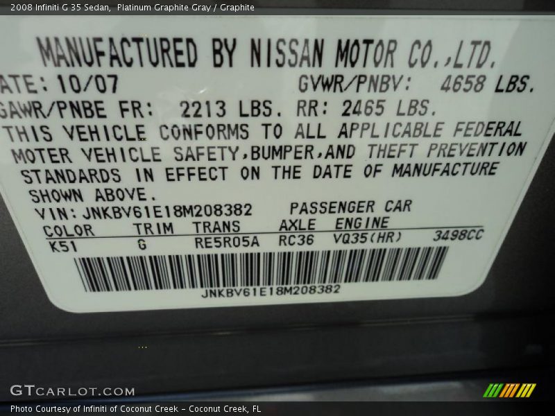 Platinum Graphite Gray / Graphite 2008 Infiniti G 35 Sedan