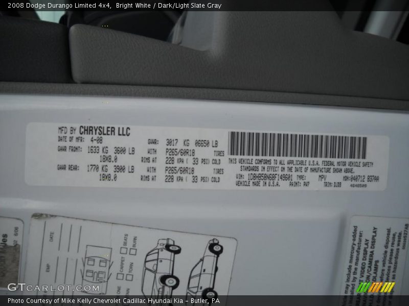 Bright White / Dark/Light Slate Gray 2008 Dodge Durango Limited 4x4