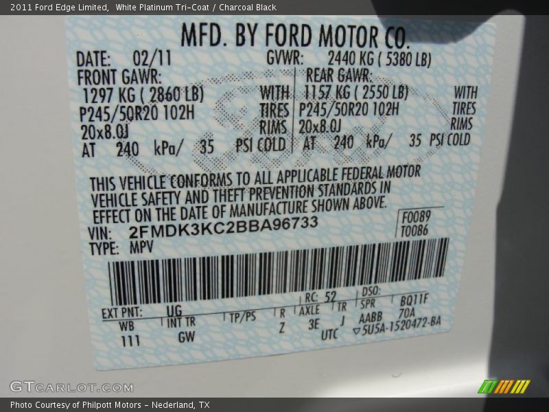 White Platinum Tri-Coat / Charcoal Black 2011 Ford Edge Limited