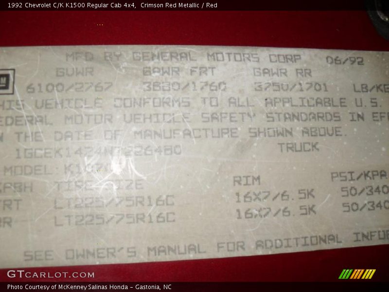 Info Tag of 1992 C/K K1500 Regular Cab 4x4