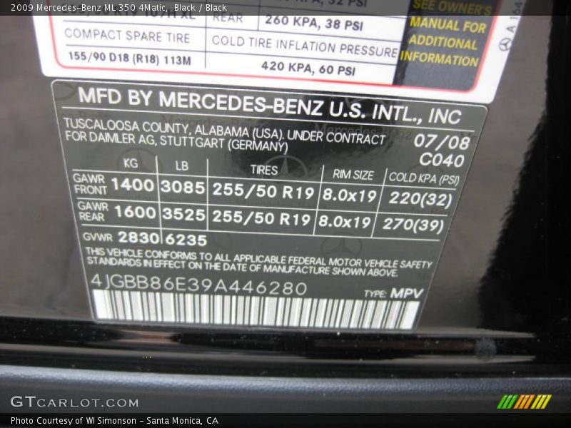 Black / Black 2009 Mercedes-Benz ML 350 4Matic