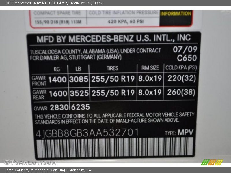 Arctic White / Black 2010 Mercedes-Benz ML 350 4Matic