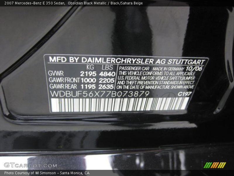 Obsidian Black Metallic / Black/Sahara Beige 2007 Mercedes-Benz E 350 Sedan