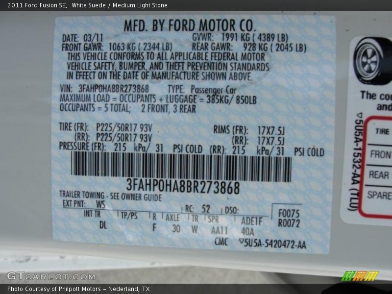 White Suede / Medium Light Stone 2011 Ford Fusion SE