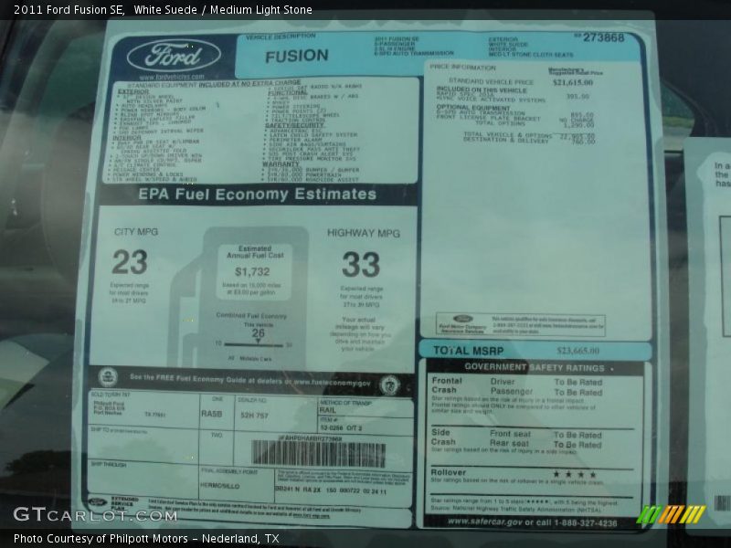 White Suede / Medium Light Stone 2011 Ford Fusion SE
