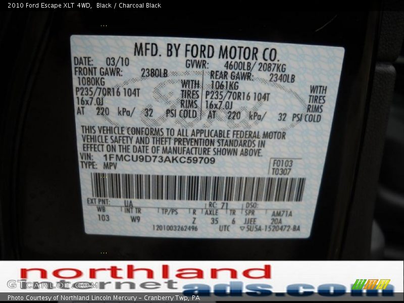 Black / Charcoal Black 2010 Ford Escape XLT 4WD