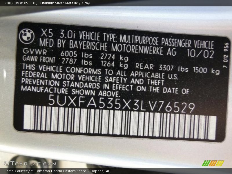 Titanium Silver Metallic / Gray 2003 BMW X5 3.0i