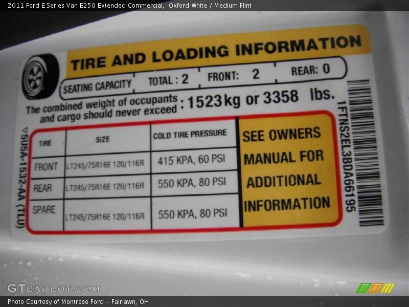 Info Tag of 2011 E Series Van E250 Extended Commercial