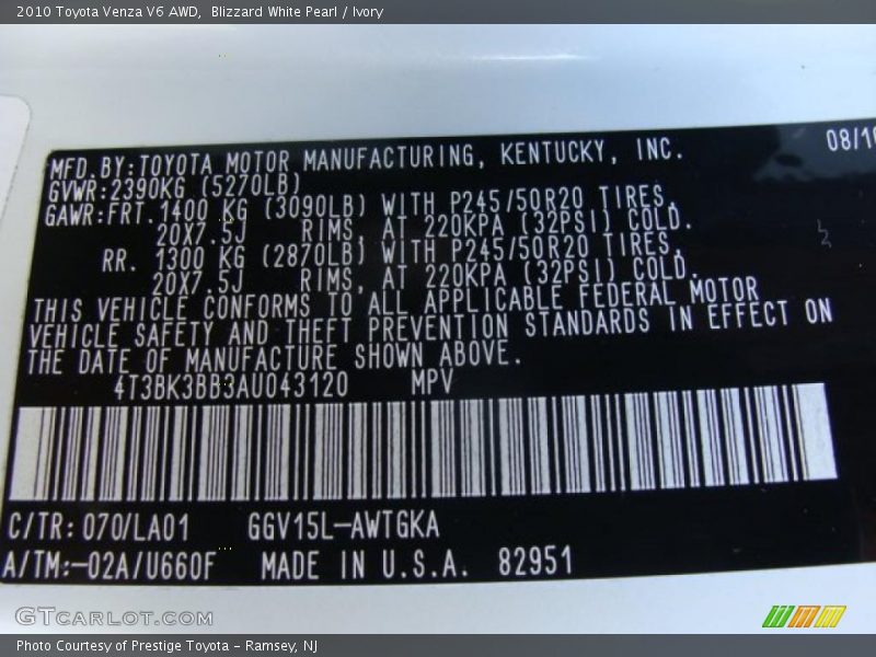 Blizzard White Pearl / Ivory 2010 Toyota Venza V6 AWD